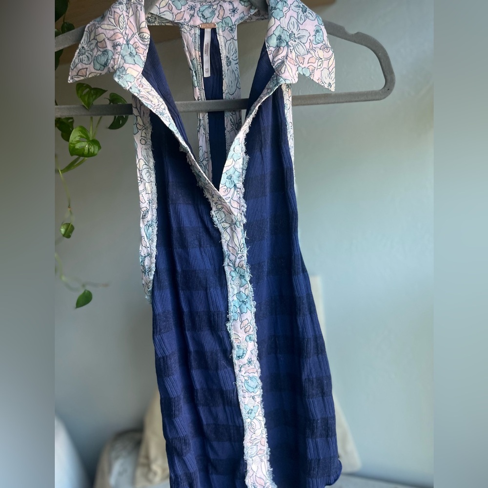 Free people Navy Blue Sleeveless tank top with Floral Trim
